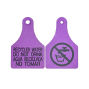 Two purple recycled water tags used to identify landscape irrigation systems that use recycled water